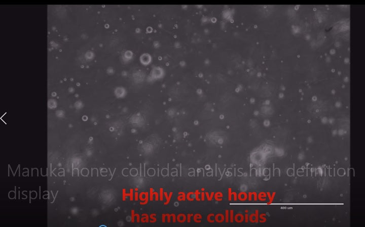 Manuka honey spread under microscope and colloidal proteins as bubbles
