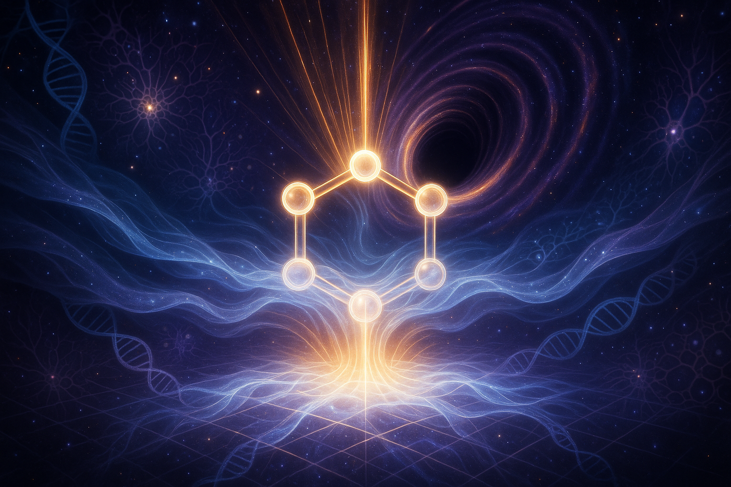 The arrow of time as the atomic clock system where light is generated from the Planck field and passes through the scalar field through the aromatic ring like an event horizon on the z-axis on the black hole singularity model of timings linked to cosmology and biology united through the aromatic ring spacetime lens of the mind